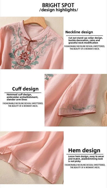 Retro Chinesischen Stil Lose Fit Baumwolle Leinen Kurzarm Shirt frauen Sommer Schwere Stickerei Abnehmen Top Flagge Kleid.