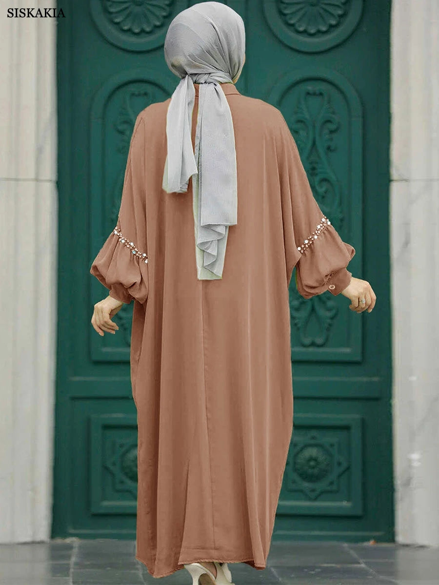 Siskakia Solid Muslim Woman Elegant Beaded Cardigan Long Dress With Loose Batwing Sleeve Moroccan Dubai Saudi Kebaya Robe  2024.