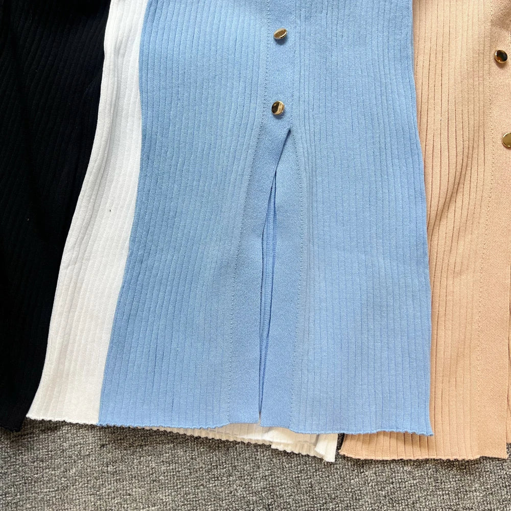 YuooMuoo 2023 Neue Sommer Frauen Gestrickte Lange Kleid Elegante Stickerei Dünne Elastische Bodycon Pullover Kleid Büro Dame Vestidos.