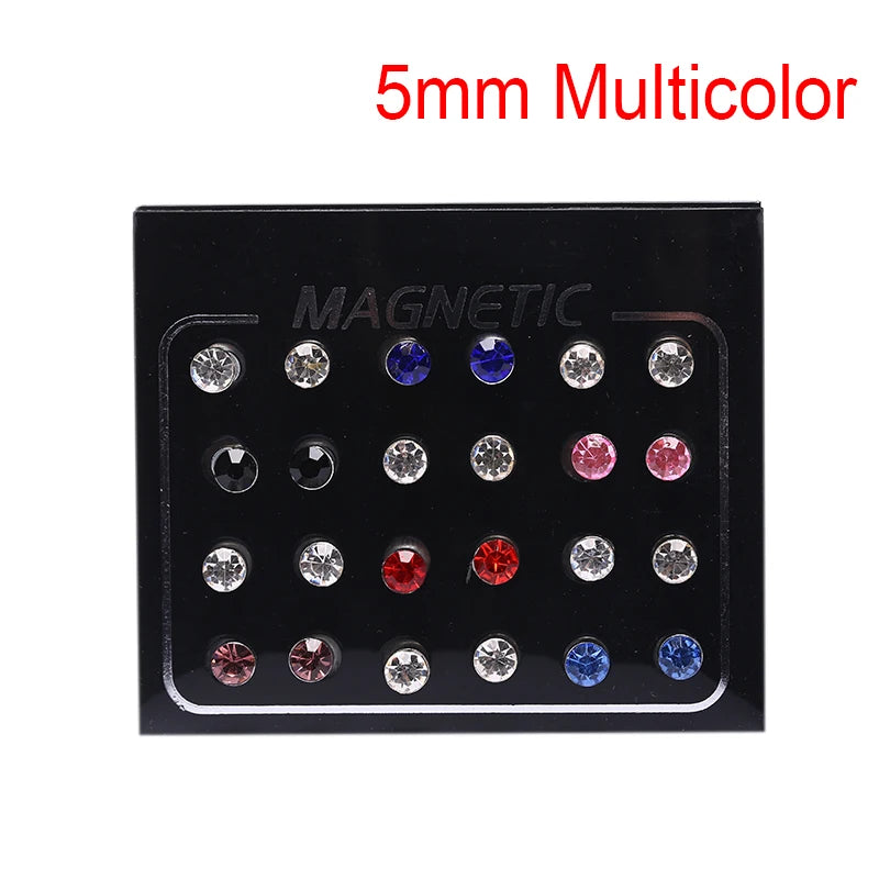 12 Pair(24pcs)/lot 3/4/5/6/7mm Round Crystal Rhinestone Magnet Stud Earring Punk Womens Mens Magnetic Fake Ear Plug Jewelry.
