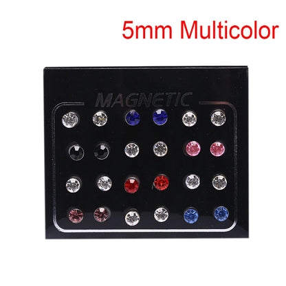 12 Pair(24pcs)/lot 3/4/5/6/7mm Round Crystal Rhinestone Magnet Stud Earring Punk Womens Mens Magnetic Fake Ear Plug Jewelry.