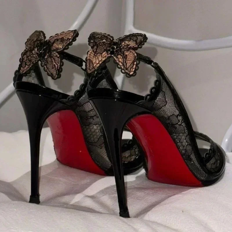2025 Women's New in Black Lace Butterfly Sexy Pumps Stilettos Peep Toe High Heels Leather Luxury Designer Party Chic Shoes.