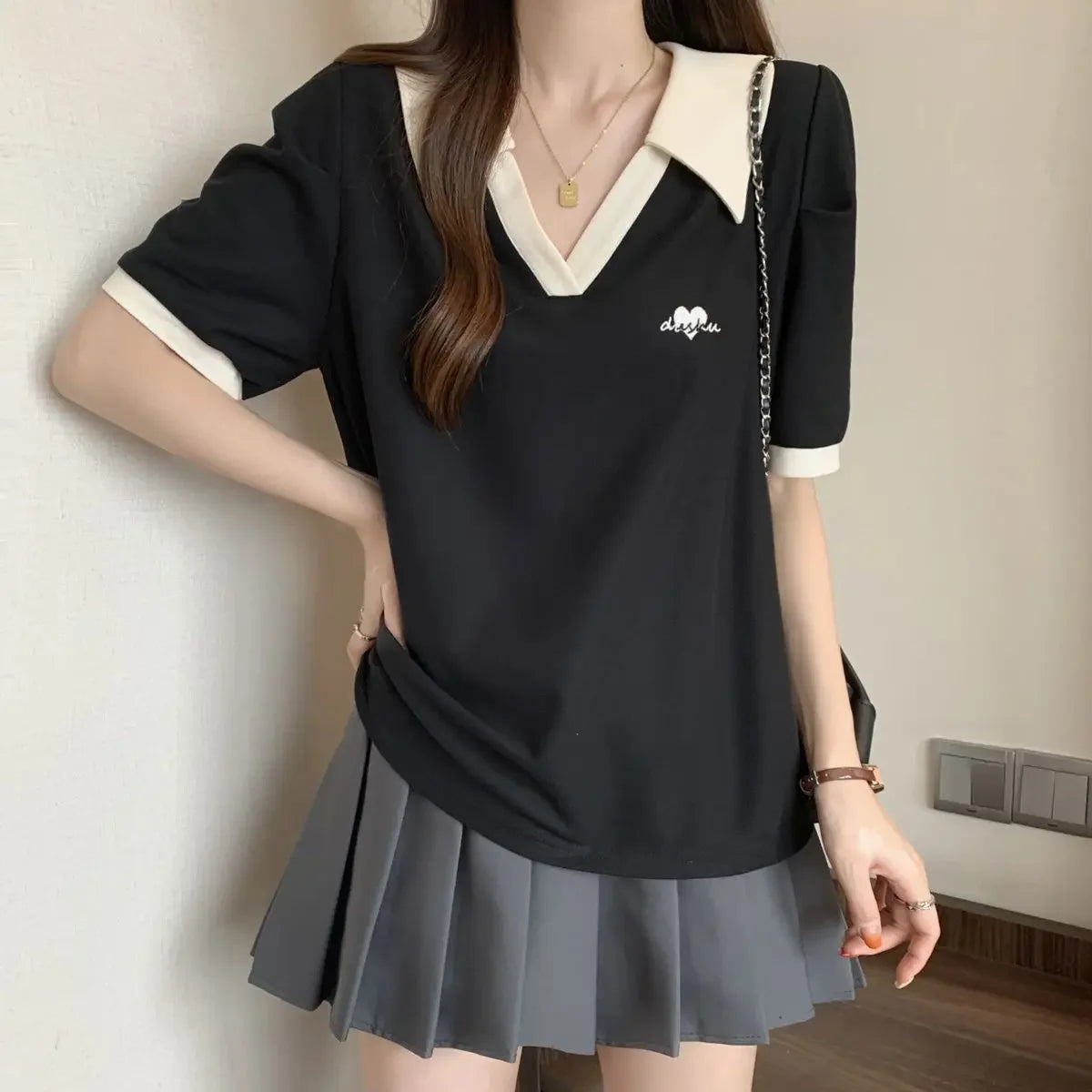 Plus Size Women's Casual Polo Neck Short Sleeve T-Shirt Slimming Belly Cover Summer Age Defying Shoulder Level Top.