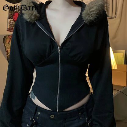 Goth Dark Autumn Winter Faux Fur Collar Solid Hooded Coats Women Casual Slim Waist Zip Hoodies Gothic Jackets Chic Streetwear.