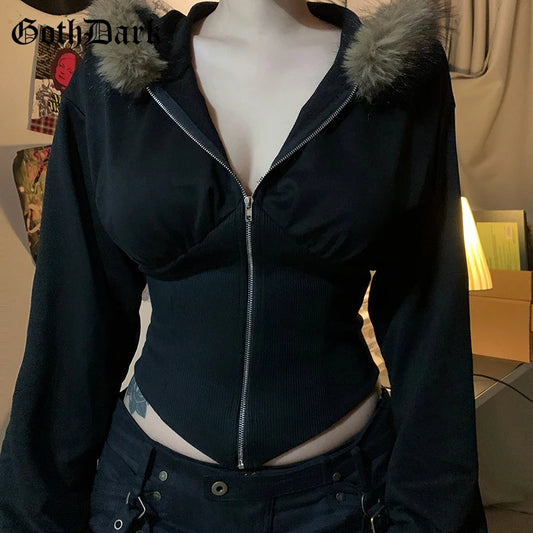 Goth Dark Autumn Winter Faux Fur Collar Solid Hooded Coats Women Casual Slim Waist Zip Hoodies Gothic Jackets Chic Streetwear.
