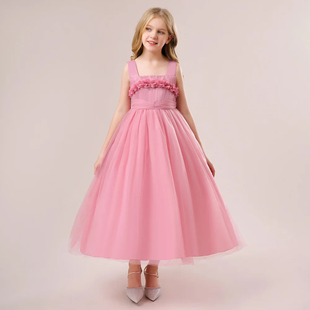 Mädchen Partykleider Weiß Langes Hochzeit Brautjungfer Prinzessin Kleid Abend Tüllkleid Abschlussball Klavier Performance Kleid