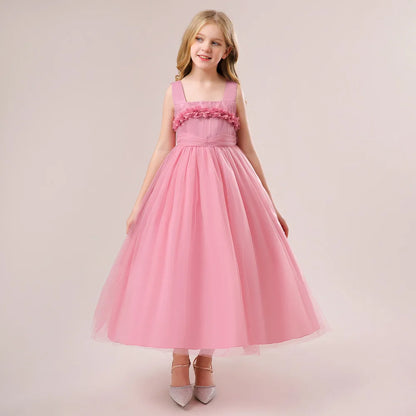 Mädchen Partykleider Weiß Langes Hochzeit Brautjungfer Prinzessin Kleid Abend Tüllkleid Abschlussball Klavier Performance Kleid