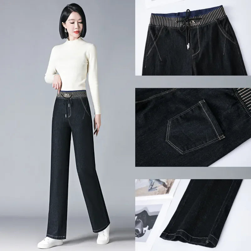 Women Elastic High Waist Straight Jeans Winter Warm Thicken Baggy Velvet Lined Wide Leg Denim Pants Korean Casual Vaqueros New.