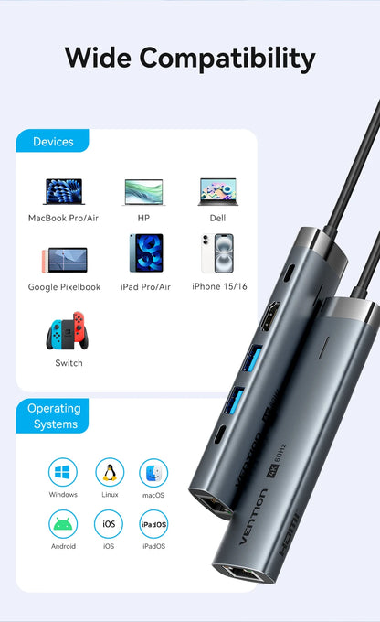 Vention USB C HUB Type C to HDMI 4K60Hz RJ45 PD 100W Adapter For Macbook iPad Pro Air M2 M1 Sumsang PC Accessories USB 3.0 HUB.