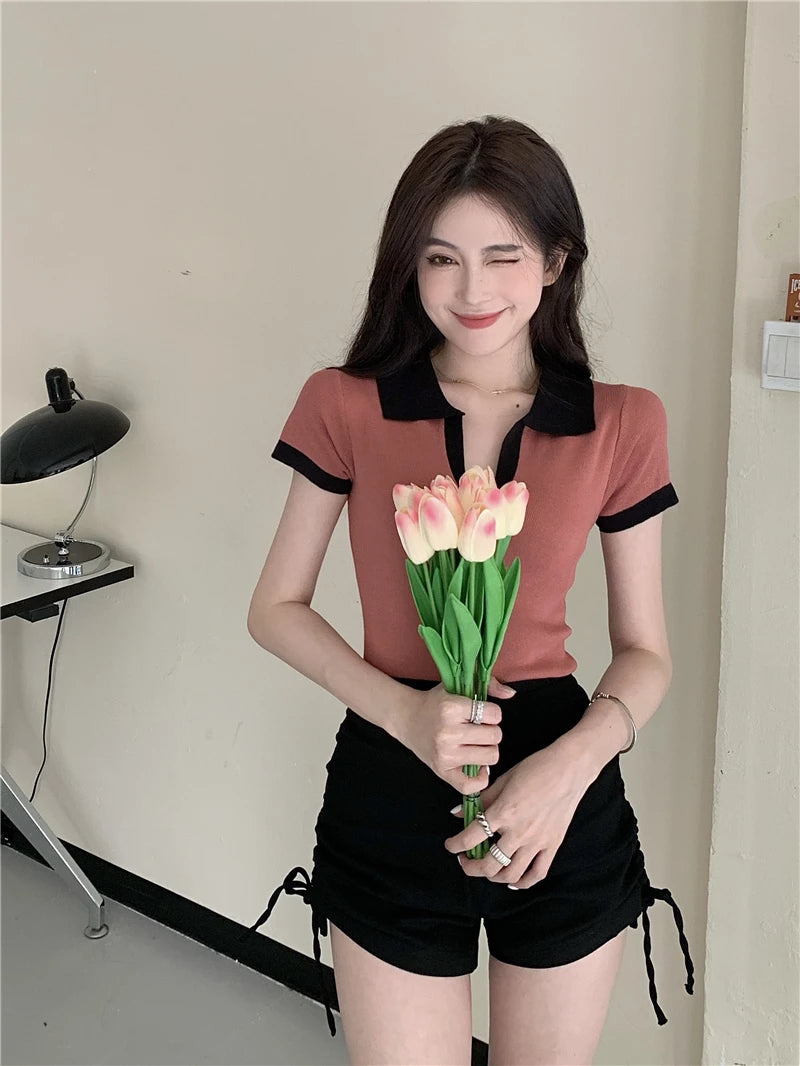 Jielur Spell Color Polo Knitting Women's Blouses Slim Sexy Short Sleeve Summer New Casual Female Blouse Chic Simple Office Lady.