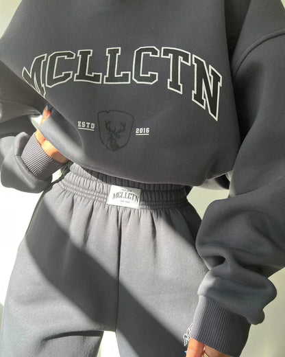 Warm Suit Autumn Winter Women Solid Set Elegant O-neck Pullover Hoodie And Pocket Trousers Two-Piece Set Lady Casual Loose Sets