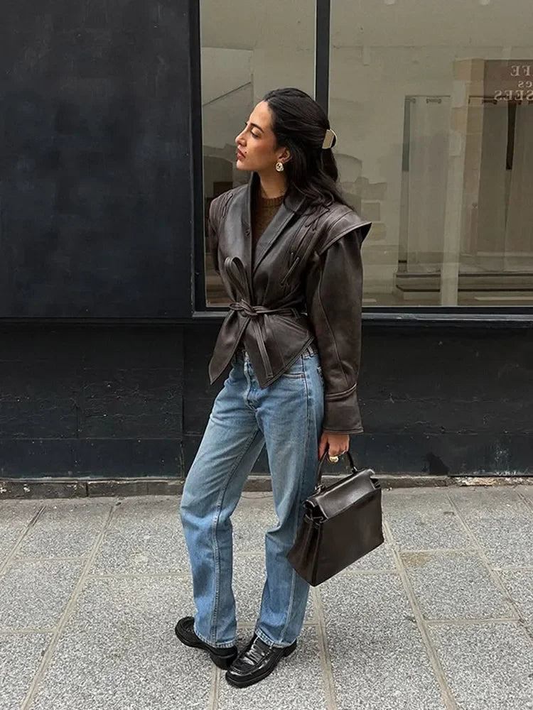 Vintage V-neck Belt Faux Leather Jackets Women Chic Full Sleeve Lace Up High Waist Lapel Overcoat Autumn Female Street Outerwear.