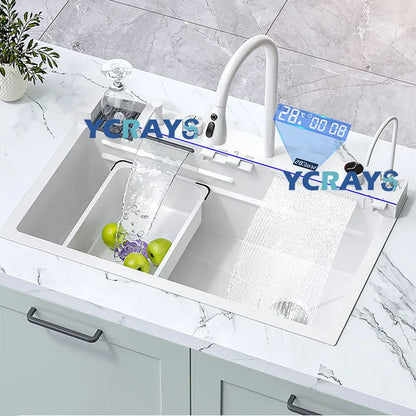 YCRAYS White Nano Kitchen Sink Large Single Slot Waterfall Integrated Digital Display Faucet Soap Dispenser Cup Washer Pure Tap