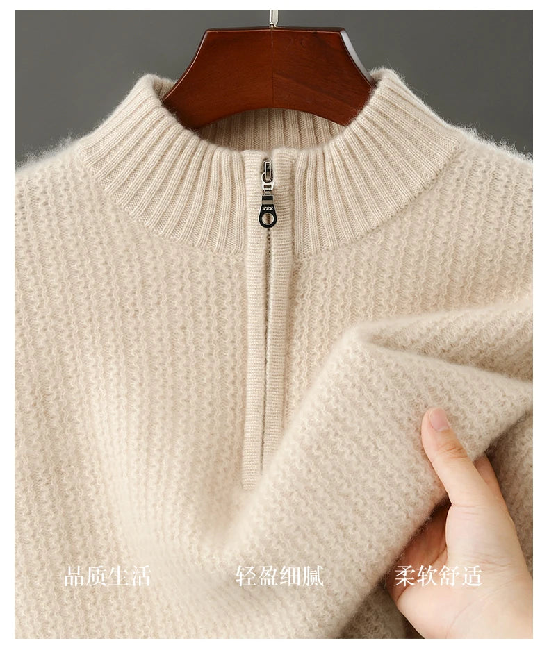 Men's 100% Merino Wool Thicken Sweater Half Zipper Mock Collar Pullover Autumn Winter Cashmere Knitwear Business Casual Clothing.