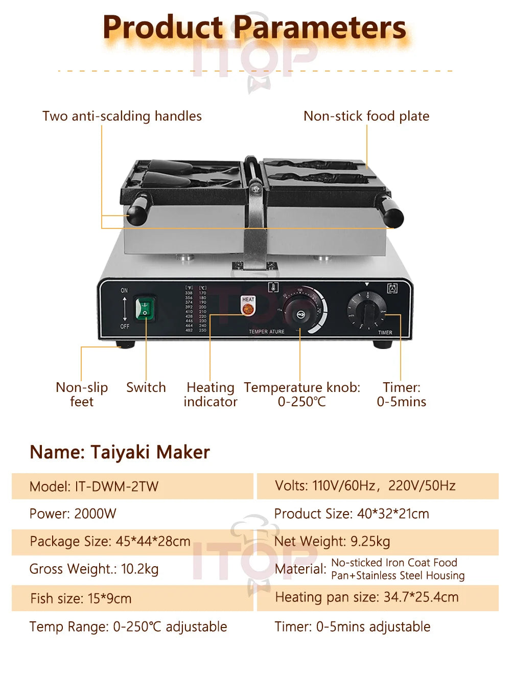 ITOP Taiyaki Waffle Maker 2 Fishes Commercial Ice Cream Taiyaki Pan Making Machine Waffle Cone Baking 2000W Muffin Pancake Snack.