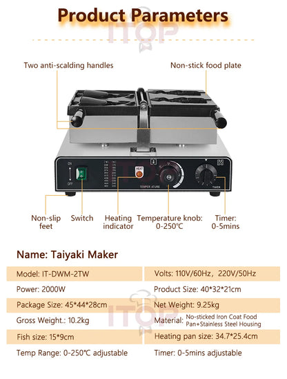 ITOP Taiyaki Waffle Maker 2 Fishes Commercial Ice Cream Taiyaki Pan Making Machine Waffle Cone Baking 2000W Muffin Pancake Snack.