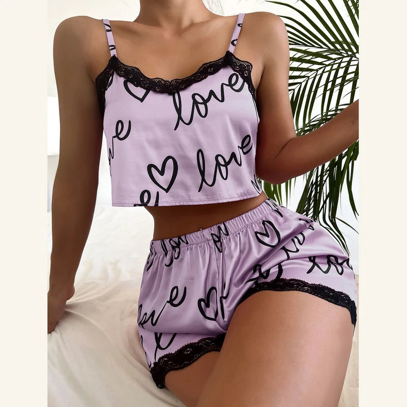 2 teile/satz Pyjama Anzug für Frauen Sexy Nette V-ausschnitt Spitze Liebe Herz Gedruckt Hosenträger Tops Shorts Nighty Nachtwäsche Homewear set.