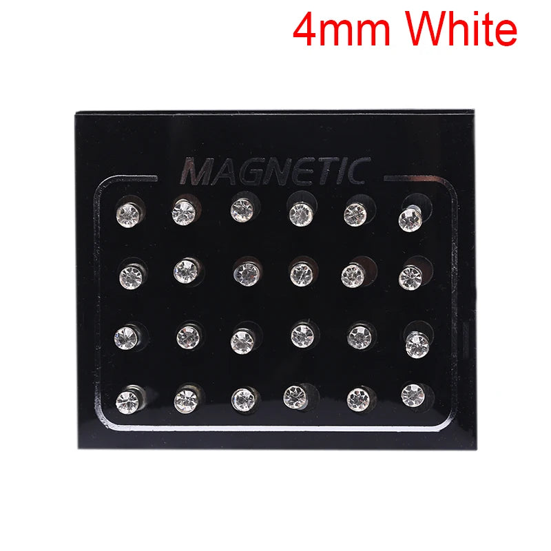 12 Pair(24pcs)/lot 3/4/5/6/7mm Round Crystal Rhinestone Magnet Stud Earring Punk Womens Mens Magnetic Fake Ear Plug Jewelry.