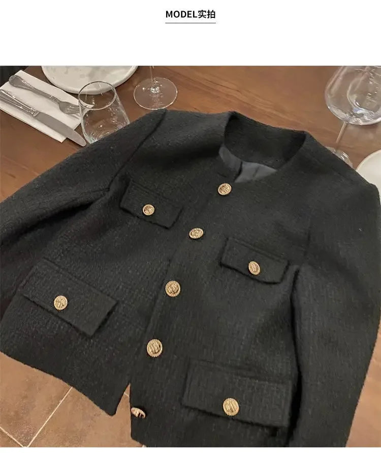 Frühling und Herbst Koreanische Mäntel Frauen Jacke Neue Französisch Wolle Tweed Mantel Mode High-end-Gold Taste Kurze Schlanke temperament