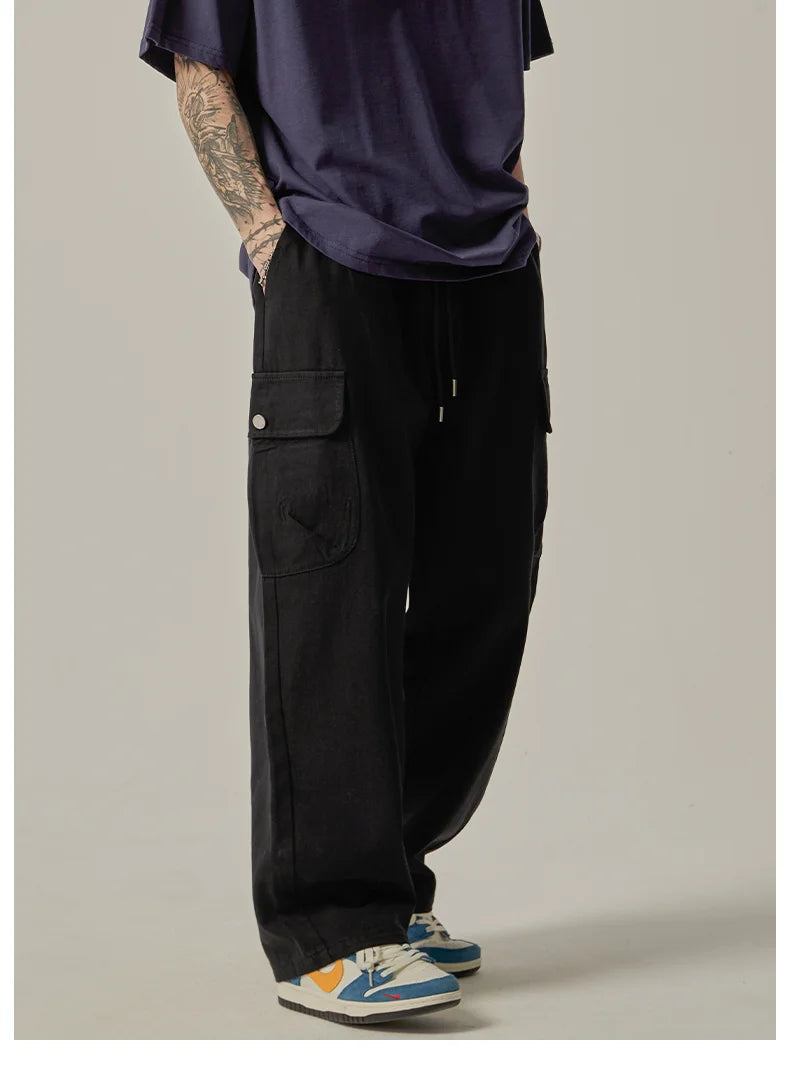 Men's Sweatpants 2025 Spring Autumn Vintage Japanese Wide Leg Straight Loose Button Big Pockets Cargo Pants Drawstring Trousers.