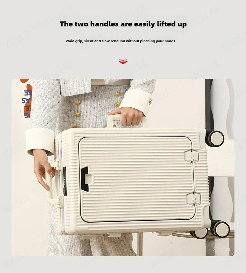 Vorne öffnender Rollgepäckkoffer mit großer Kapazität, Aluminiumrahmen, ABS + PC-Trolley, Koffer, USB-Lade-Boarding-Koffer