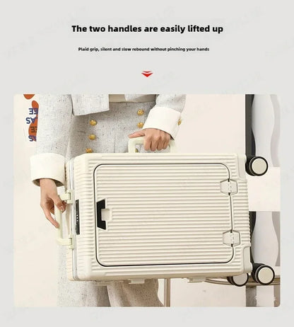 Vorne öffnender Rollgepäckkoffer mit großer Kapazität, Aluminiumrahmen, ABS + PC-Trolley, Koffer, USB-Lade-Boarding-Koffer