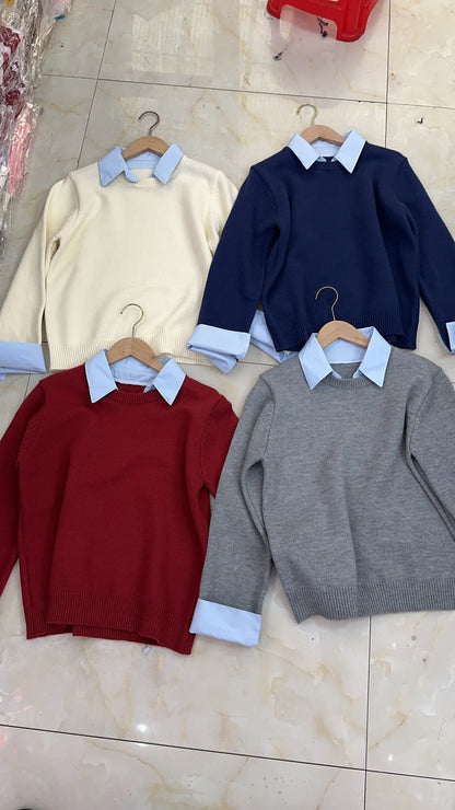 Gefälschte Zwei Shirts Kragen Pullover frauen Herbst Outfit Neue Lazy Linterior Kontrast Farbe Grau Stricken Pullover Top Mit Flip kragen