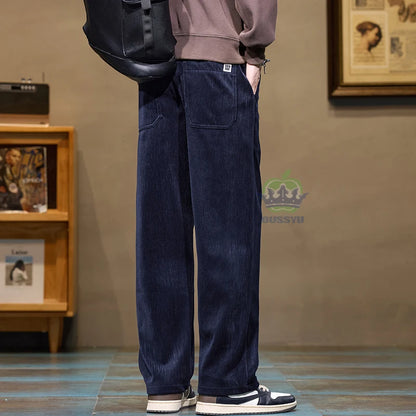 Autumn Winter Men's Corduroy Pants Elastic Waist Fashion Stretch Loose Straight Black Grey Thick Trousers Male Plus Size M-5xl.