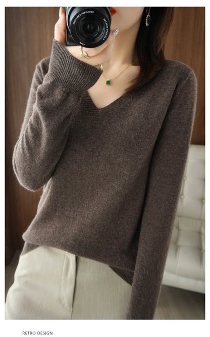 Neue Kaschmir frauen V-ausschnitt Pullover Spitze Neck Aushöhlen Design Beiläufige Gestrickte Lange Hülse frauen Pullover Herbst Und winter