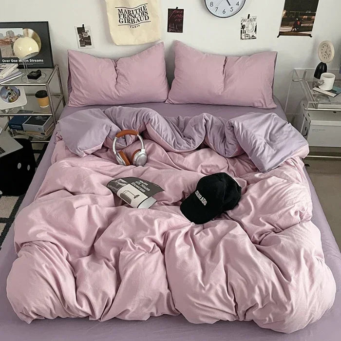 2025 new class A can sleep naked washed cotton solid color sheets student dormitory simple double-spell four-piece bedding.