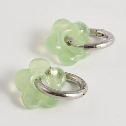 Colorful Flower Glass Drop Charms Earring Gold Color Circle Ear Buckle Hoops Stainless Steel Earrings Fashion Jewelry for Women