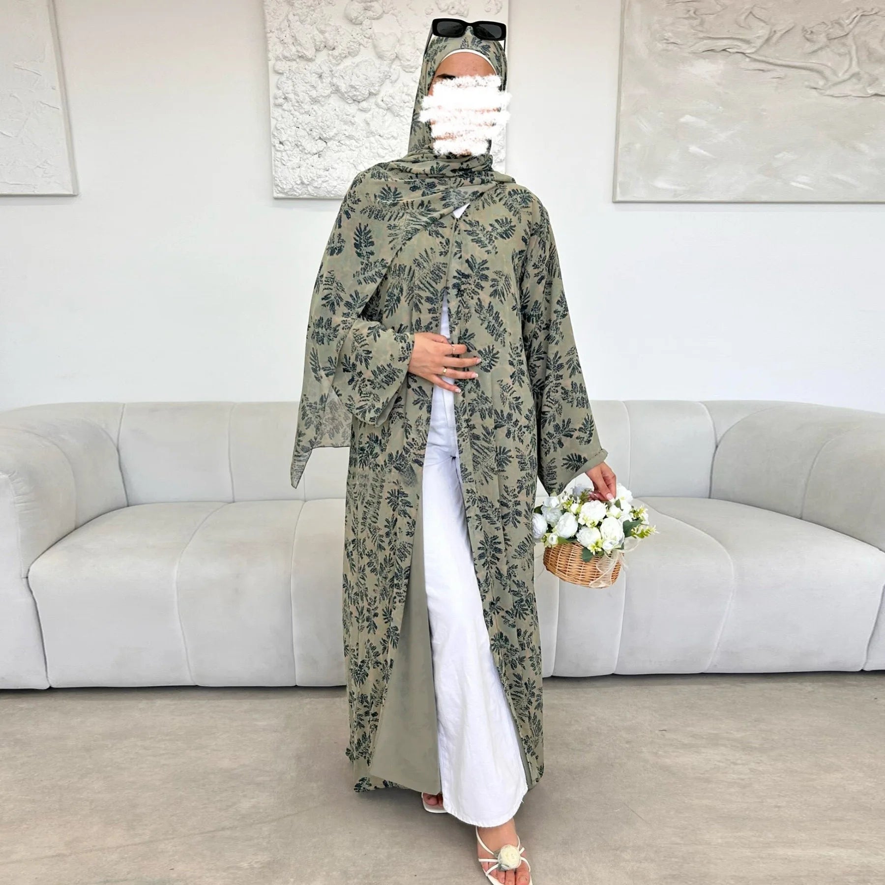 Muslim Abaya Set Luxury EID Islamic Kimono Muslim Women Dress Floral Printed Chiffon Modest Gorgeous Dubai Abaya Dress Suit.