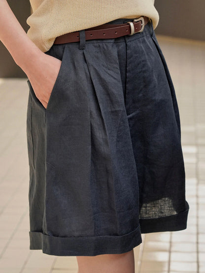 Summer Korea Style Lazy Linen Curled Bermuda Shorts Wide Leg Loose Slim Casual Hot Pants For Women