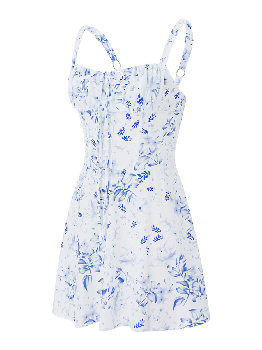 Combhasaki Damen-Kleid, elegant, Blumendruck, tief ausgeschnitten, zum Binden, ärmellos, Cami, figurbetont, Korsett, kurzes Kleid, Sommer, rückenfrei, Party, Clubwear.