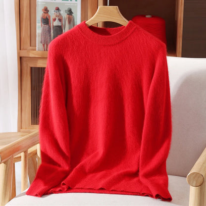 Women's Round-neck Mink Cashmere Sweater Soft Pullover Jumper Comfortable Knitted Top for Autumn Winter Pure Mink Material