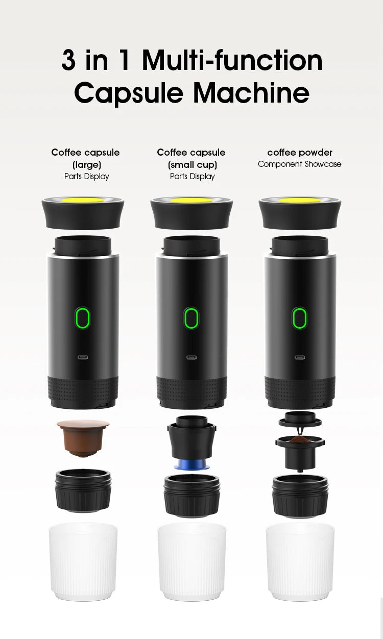 Wireless Electric Portable Espresso Coffee Machine for Car & Home Camping Coffee Maker 3-in-1 Capsule Powder Travel Coffee Maker.