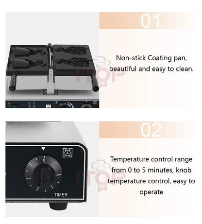 ITOP Taiyaki Waffle Maker 2 Fishes Commercial Ice Cream Taiyaki Pan Making Machine Waffle Cone Baking 2000W Muffin Pancake Snack.