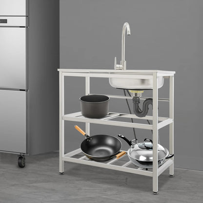 Freistehendes Waschbecken aus Edelstahl mit 2-stufigem Boden, Aufbewahrungsregal für die Küche, Outdoor-Spüle mit Facut-Handwaschstation