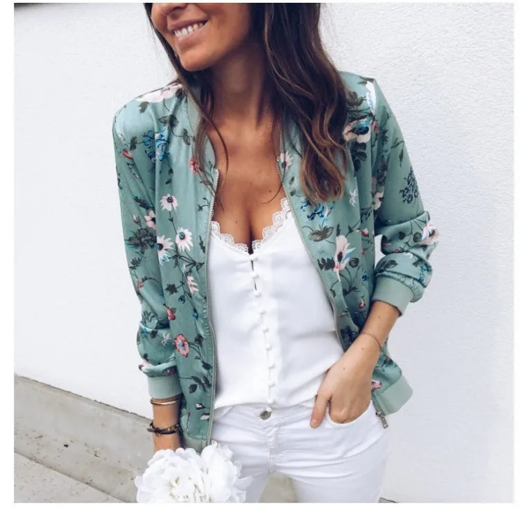 Women Elegant Zipper Bomber Jacket Spring Autumn Floral Printed Jackets Office Wear Slim Office Coat Retro Outwear.