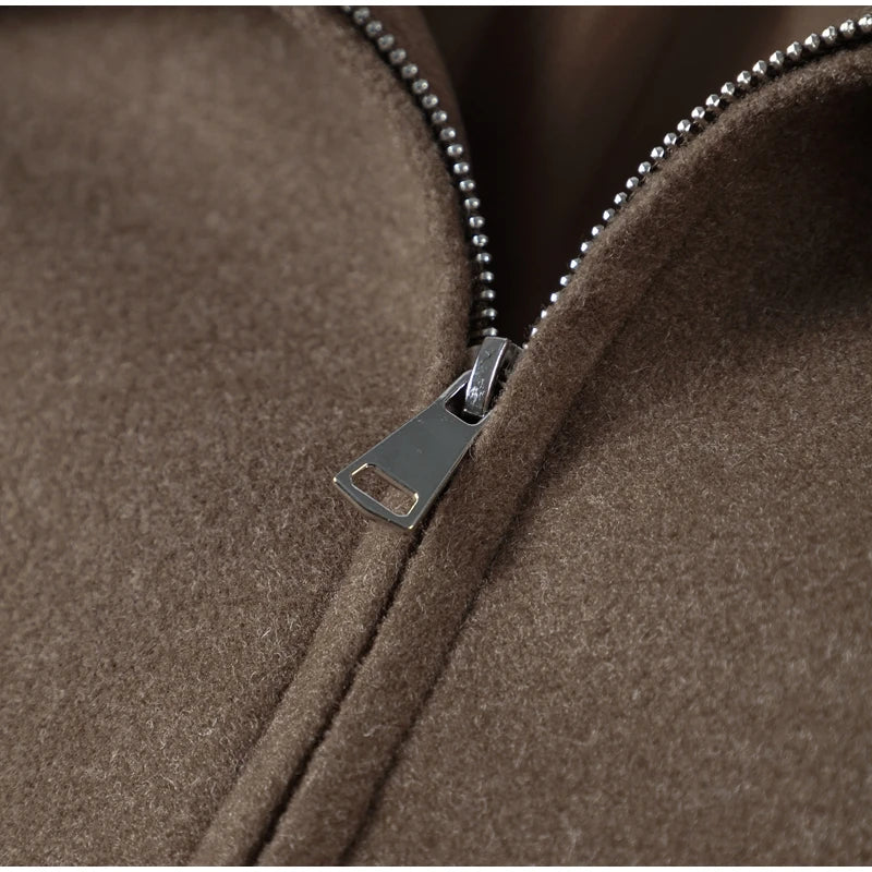 Mode Braun Zipper Woolen Jacke Für Frauen Elegante Revers Langarm Kurze Mäntel Weibliche Vintage Herbst Dame Straße Oberbekleidung