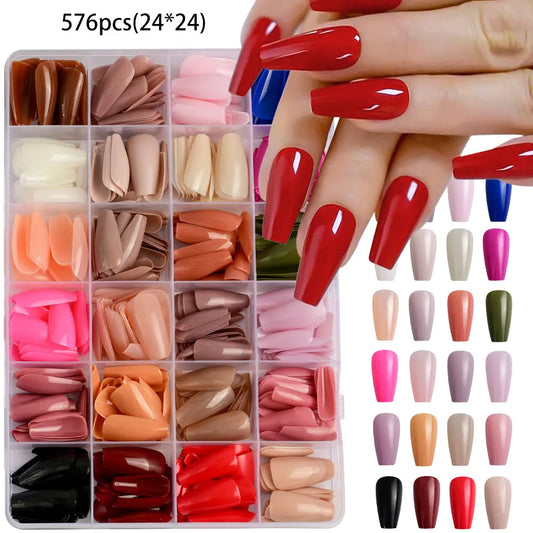 576Pcs/box Medium-Long Coffin Press On Nails Matte Full Cover Ballet False Nails Wearable Acrylic Fake Nails Extension For Women.