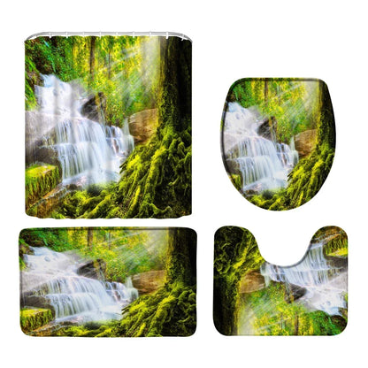 Wasserdichtes Duschvorhang-Set mit sonniger Waldlandschaft, wasserdichter Badezimmer-Toilettensitzbezug, Badewanne, rutschfeste Matte, Teppich, Baddekoration