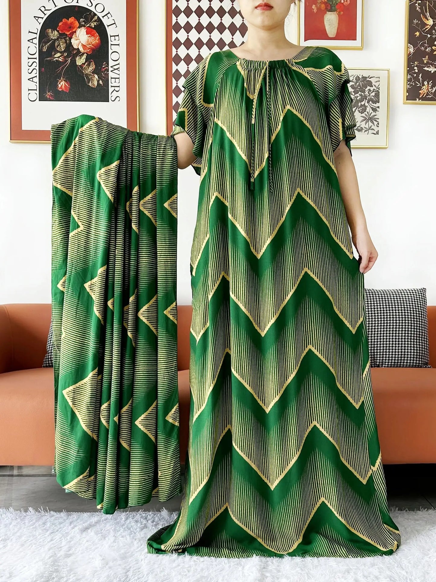 2024 New Muslim Dubai Abaay Women Cotton Dress With Big Scarf For Women Maxi Summer Short Sleeve Loose African Abaya Clothing.