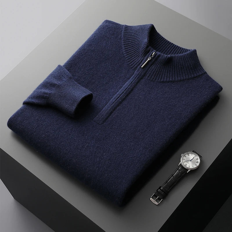 Autumn Winter Men's 100% Merino Wool Sweater Mock Collar Half Zip Knitted Pullover Cashmere Sweatshirt Casual Long Sleeved Tops
