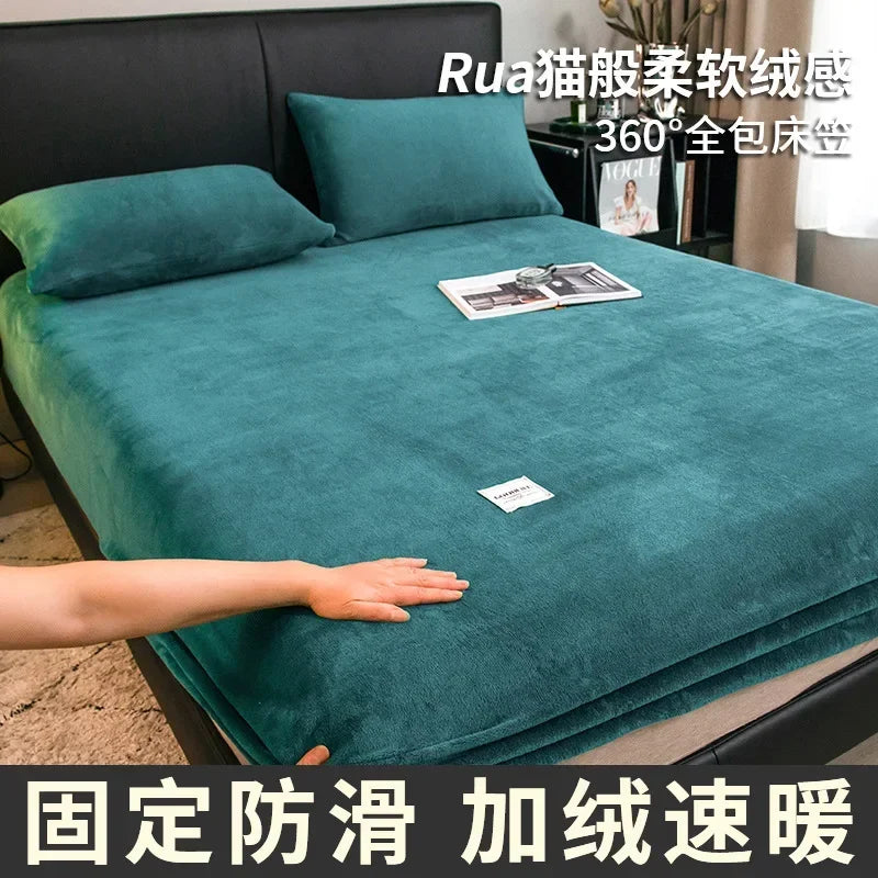 Warm Plush Fitted Sheet Elastic Mattress Cover Fluffy Velvet Fleece Bed Linen Couple Thermal Double Bed Not Included Pillowcase