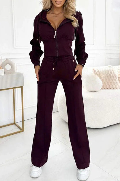 Autumn And Winter Hooded Zipper Jacket Tight Solid Color Two-piece Sets Women Fashion Casual New Wide Leg Pants 2 Piece Set.