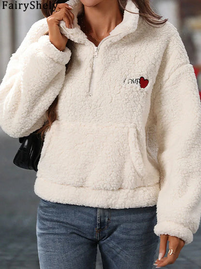 Fairyshely 2025 Autumn Winter White Women's Hoodies Long Sleeve Zipper Hood Sweatshirt Casual Lady Loose Plush Hoodie Tops.