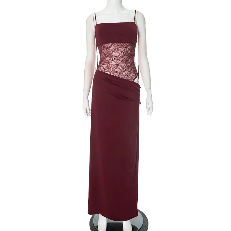 Elegante Spitzen-Maxikleider für Frauen 2022, sexy Spaghettiträger, Patchwork, Feiertage, Partykleid, Sommer, rückenfrei, langes Kleid.