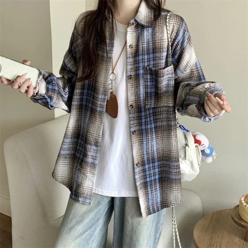 Zjaiss Women Thick Woolen Plaid Blouse Loose Long Sleeved Tops 2025 Autumn Winter New Casual Shirt Long Shirts