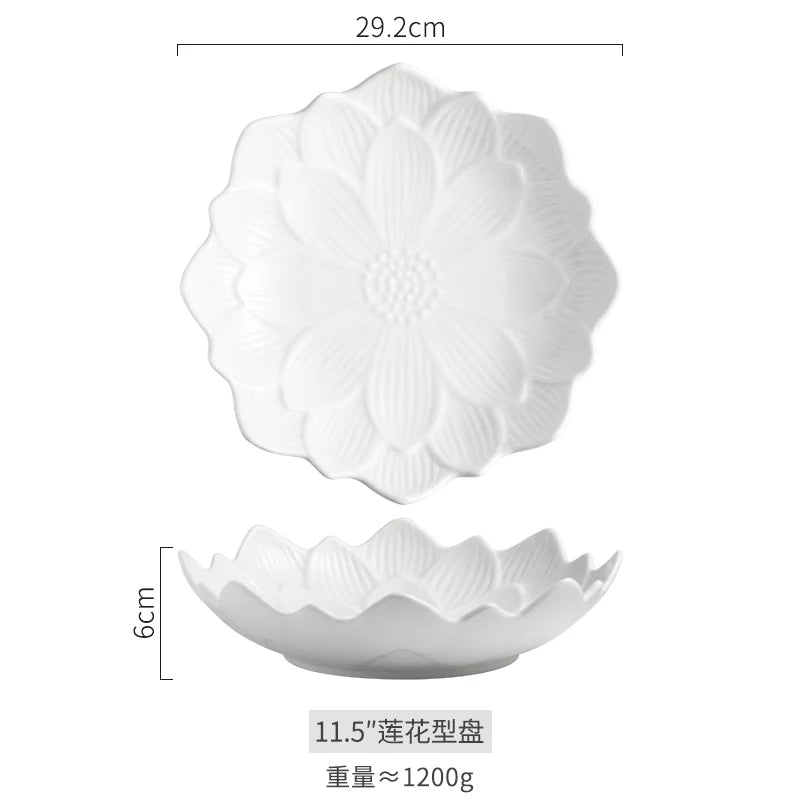 Chinese Lotus-like Ceramic Western Food Dish Household White Fruit Salad Bowl Dessert Plate Creative Restaurant Specialtableware.